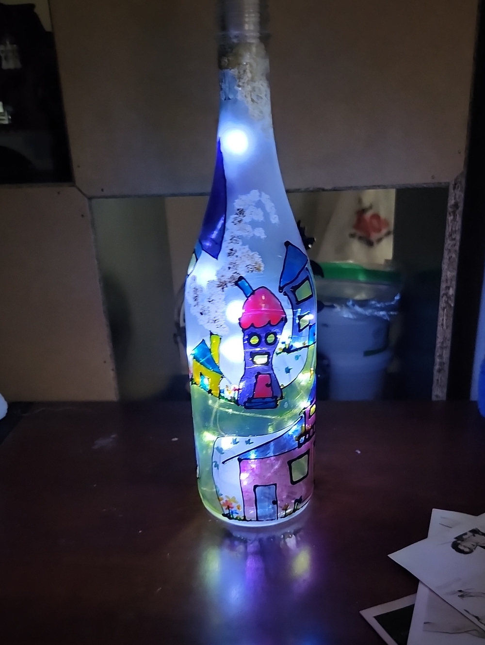 Hand-Painted Blue and Pink Lighthouse Bottle Lamp - Home Art